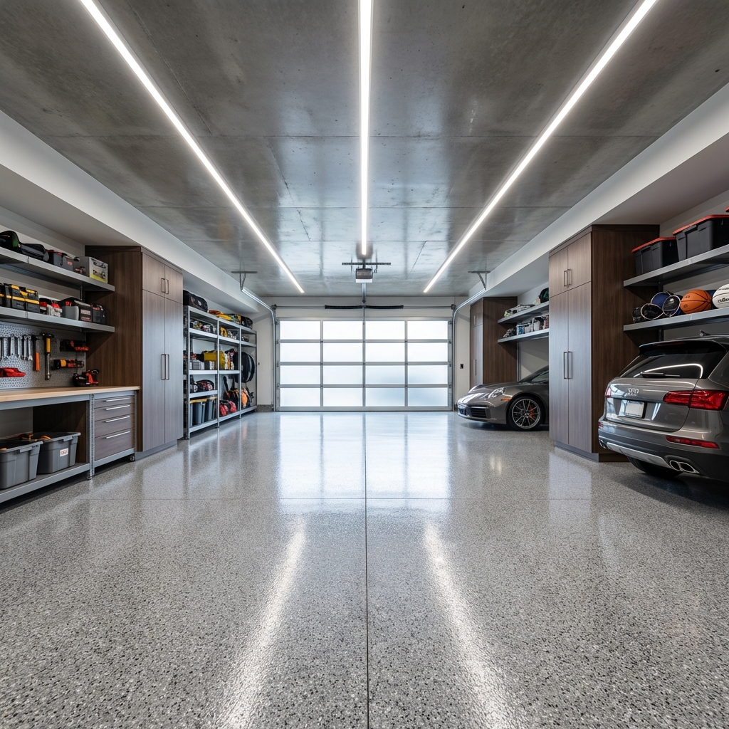 Gray flake epoxy garage floor